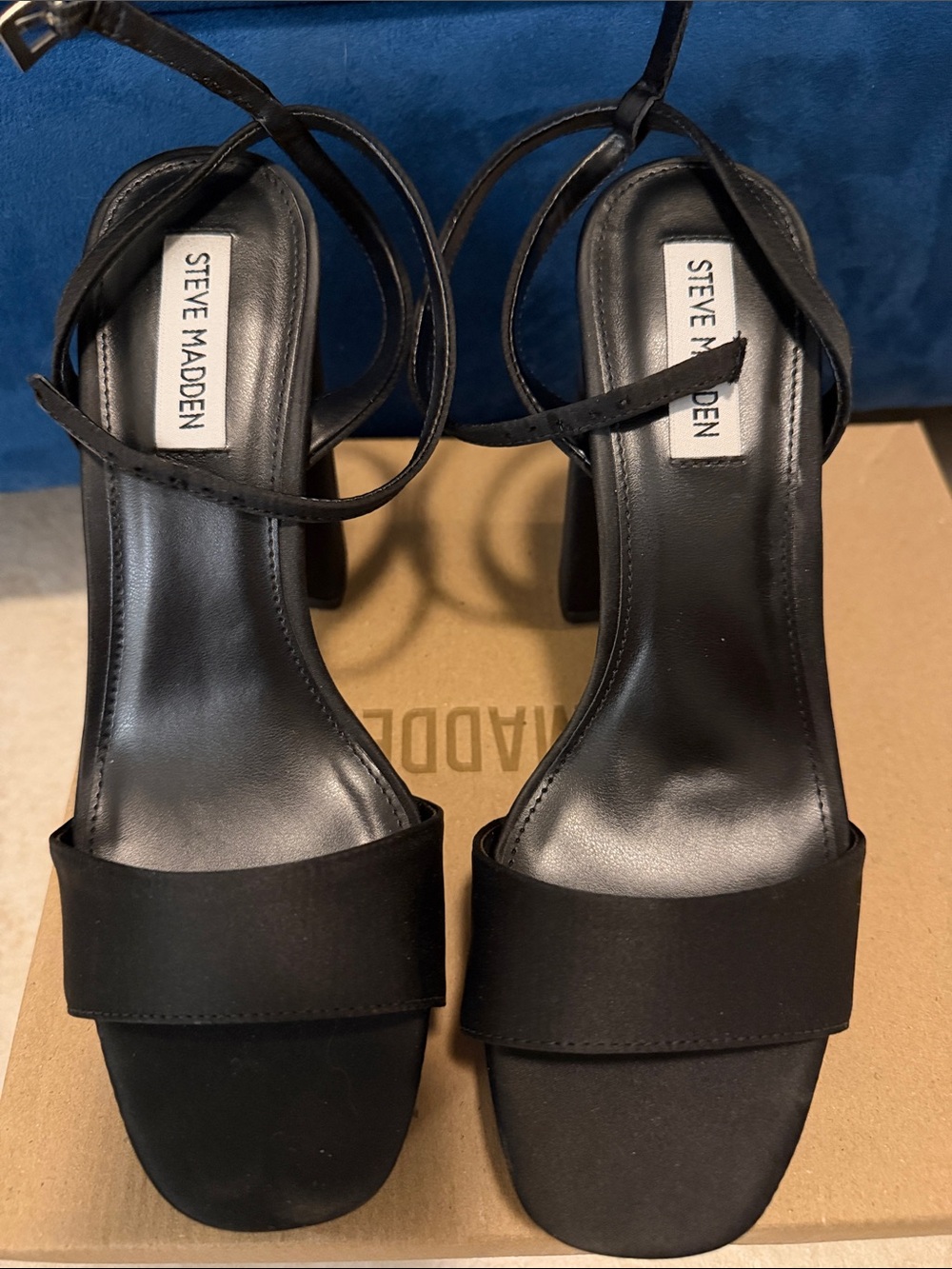 Steve Madden  Lessa Black Satin Strappy Block Heels